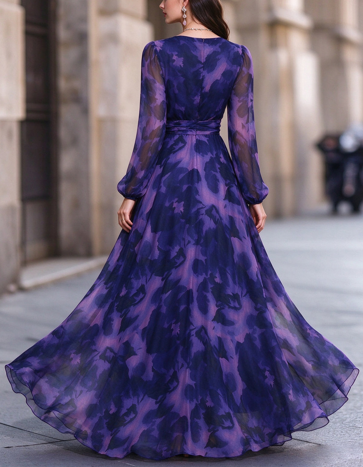 Purple Floral Chiffon V-Neck Maxi Dress
