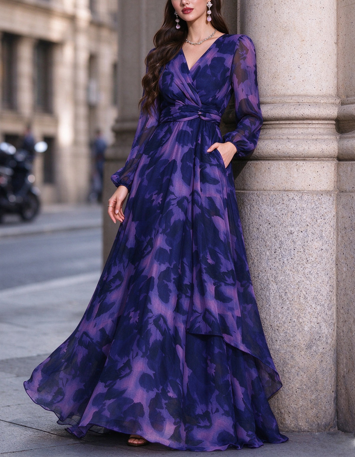 Purple Floral Chiffon V-Neck Maxi Dress