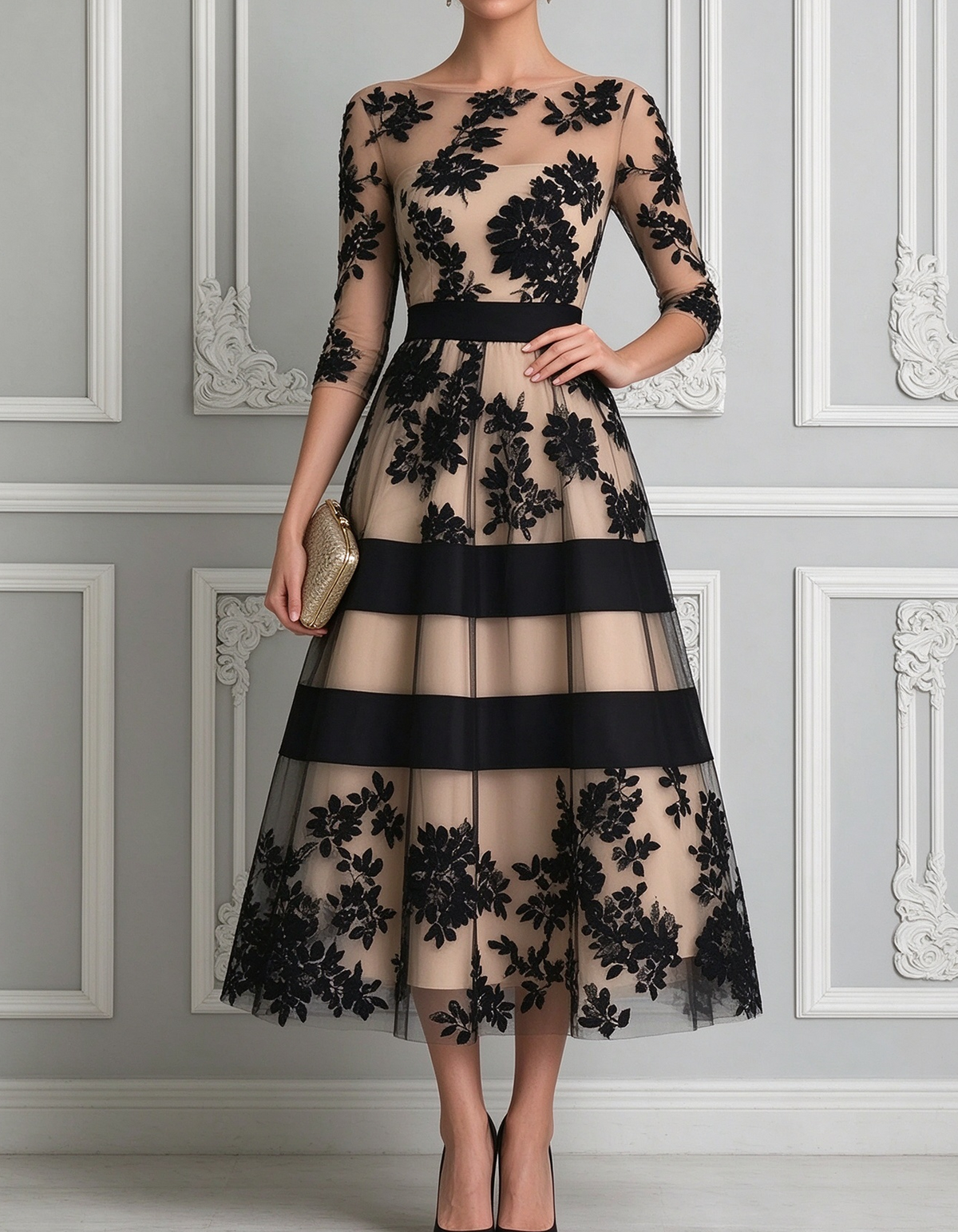 Black Boat Neck 3/4 Sleeve Lace Midi Dress