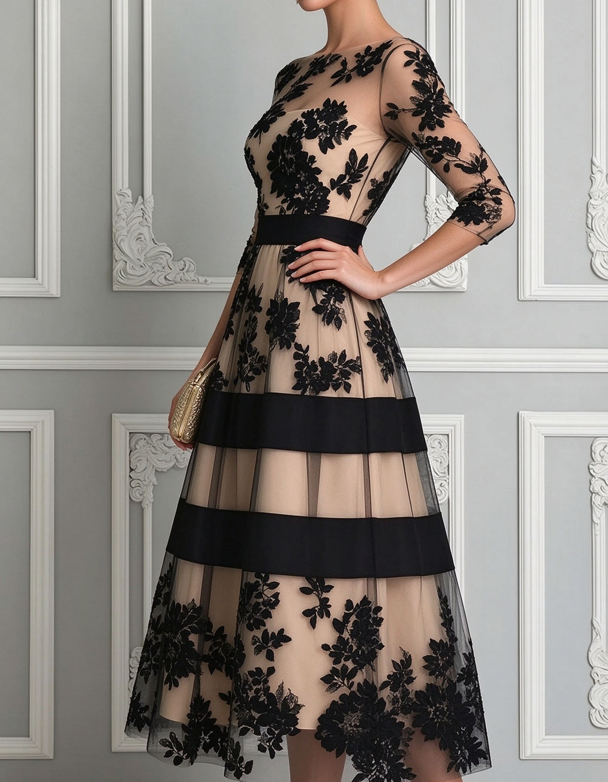 Black Boat Neck 3/4 Sleeve Lace Midi Dress