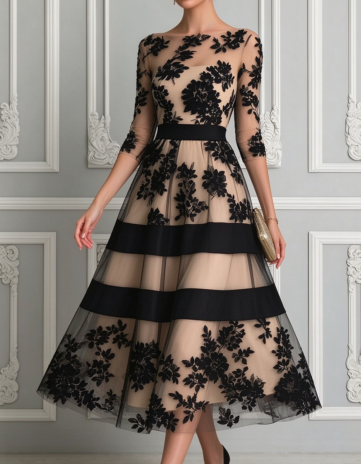 Black Boat Neck 3/4 Sleeve Lace Midi Dress
