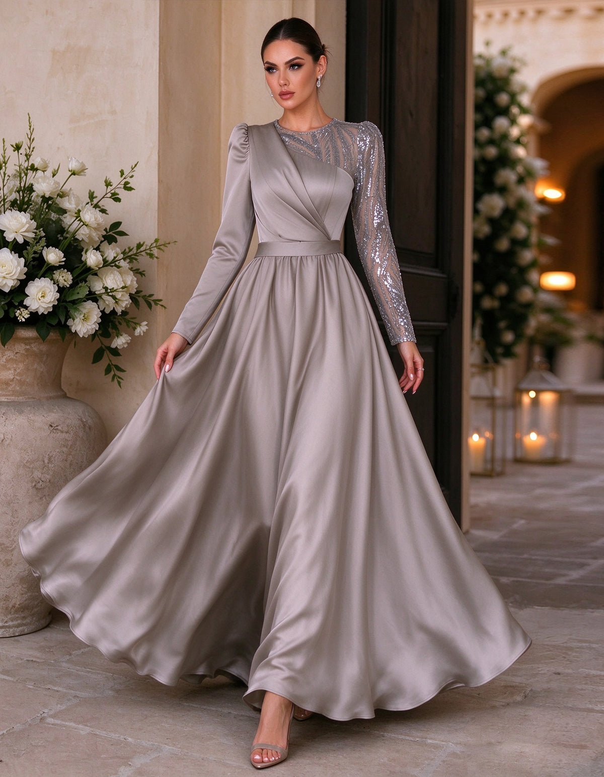 Grey Satin Long Sleeve With Puff Shoulders Maxi Dress