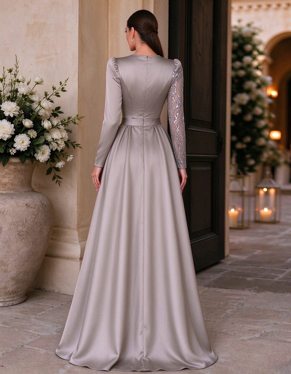 Grey Satin Long Sleeve With Puff Shoulders Maxi Dress