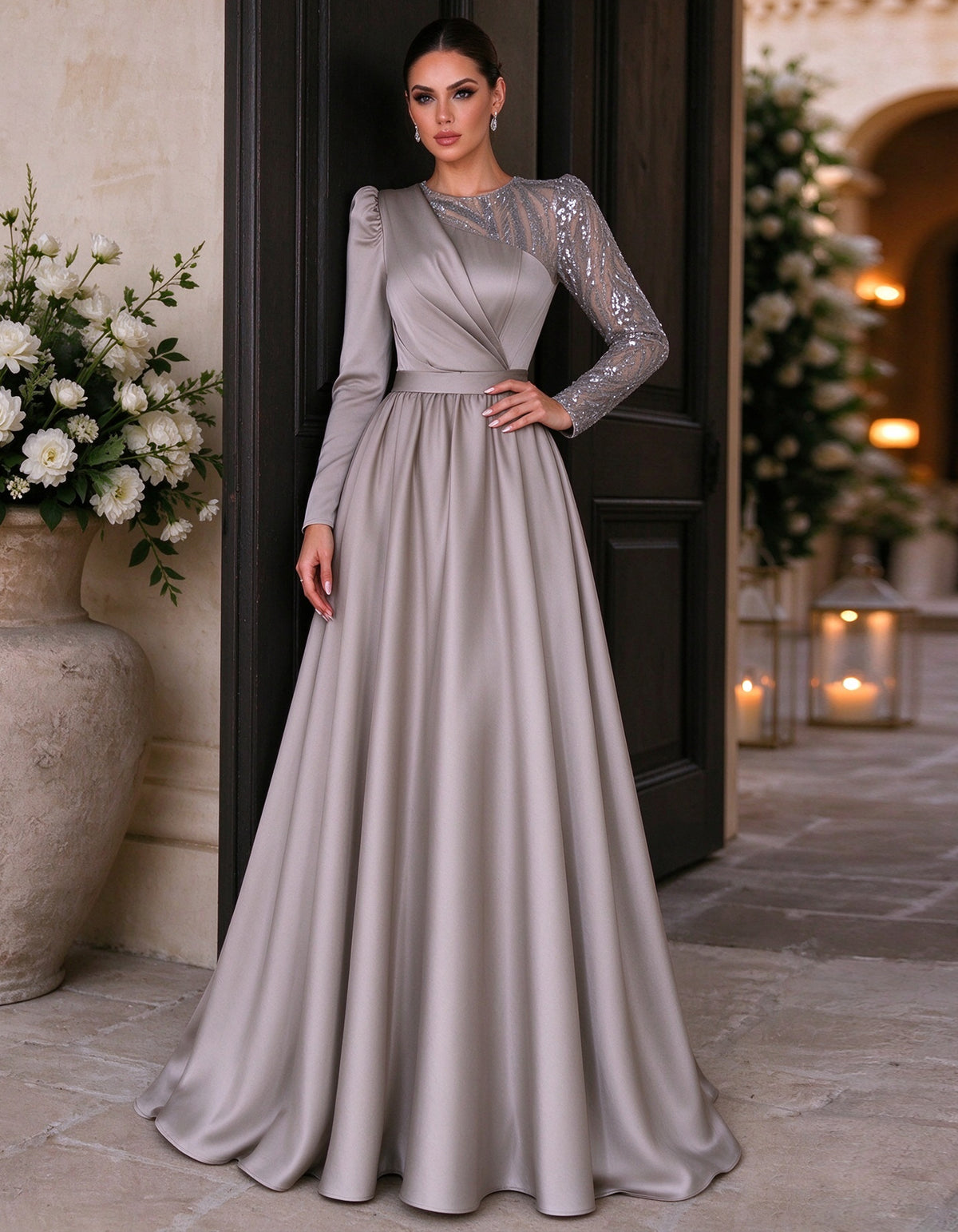 Grey Satin Long Sleeve With Puff Shoulders Maxi Dress