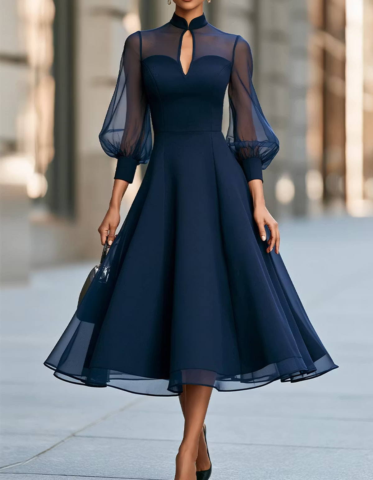 Mandarin Collar Keyhole Puff Sleeve Midi Dress
