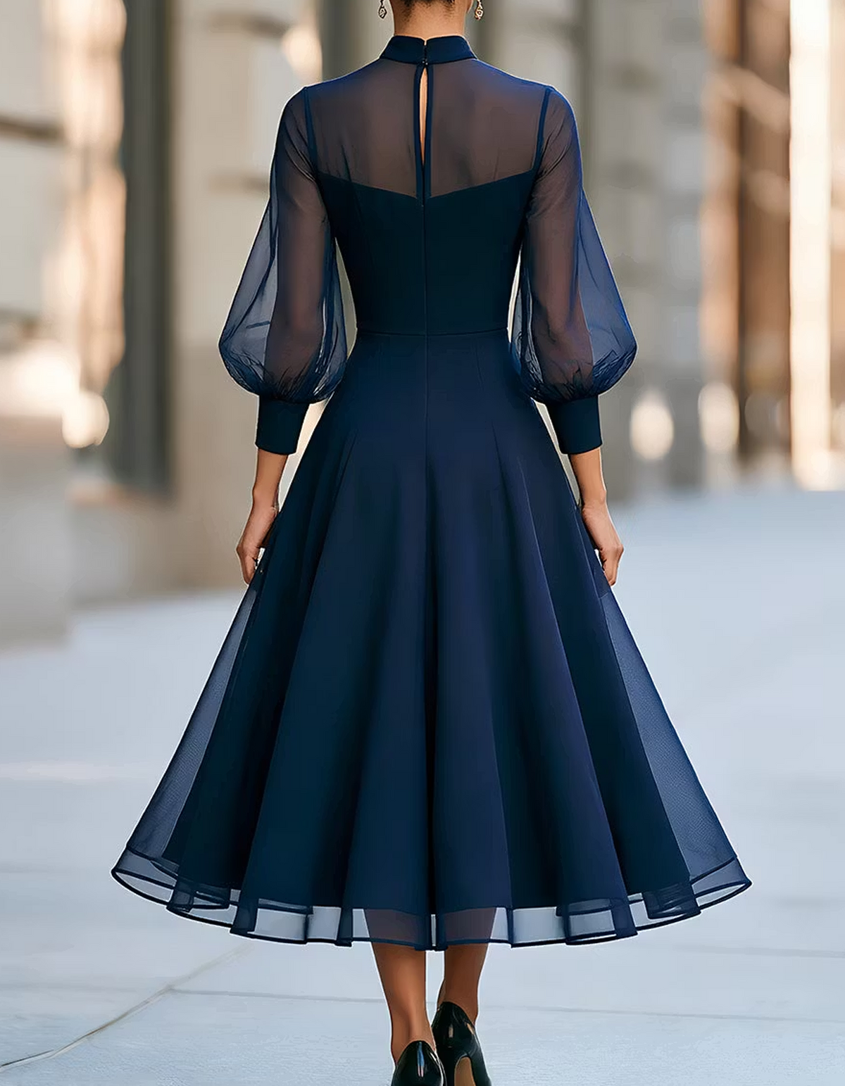 Mandarin Collar Keyhole Puff Sleeve Midi Dress