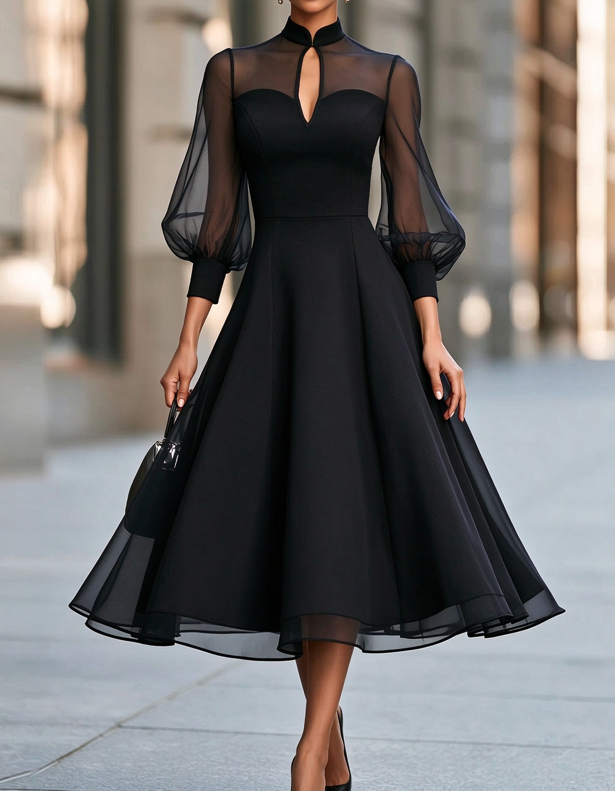 Mandarin Collar Keyhole Puff Sleeve Midi Dress