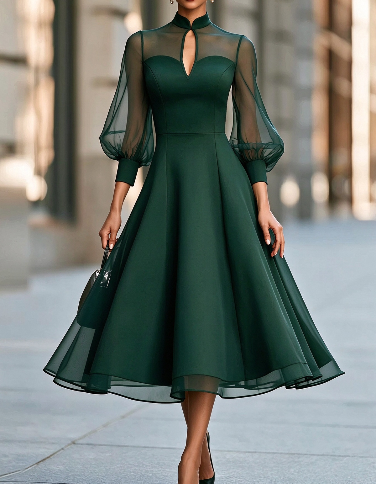 Mandarin Collar Keyhole Puff Sleeve Midi Dress