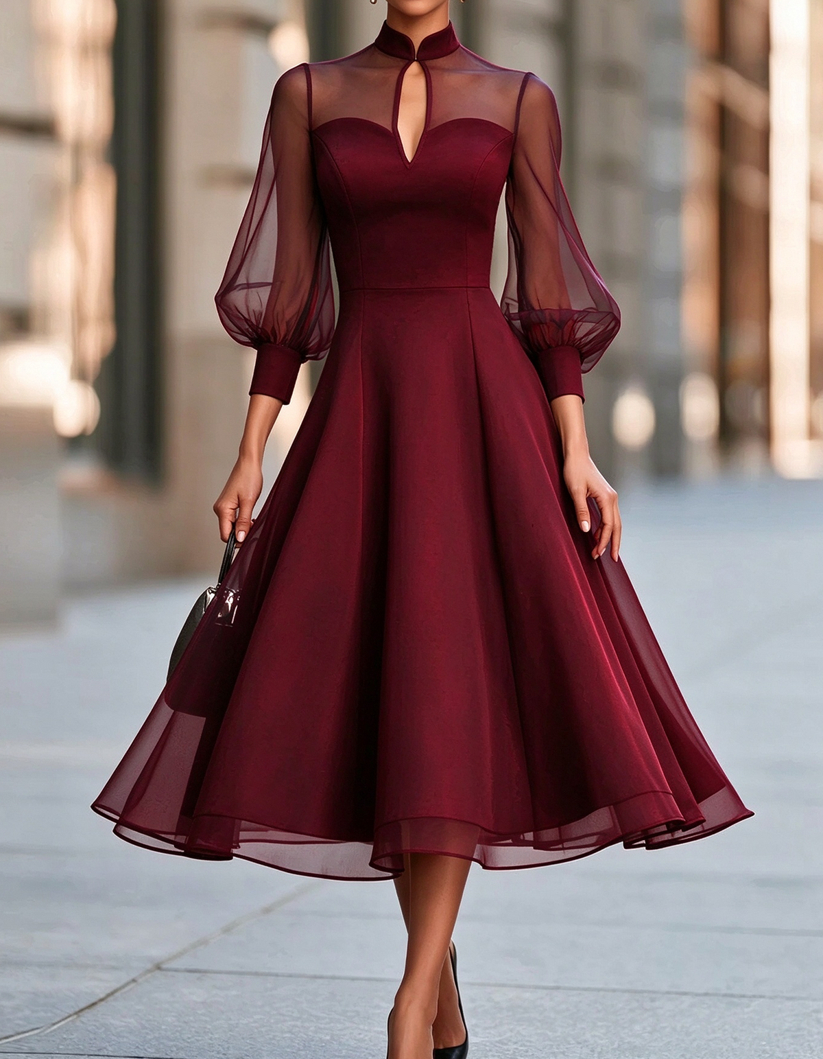 Mandarin Collar Keyhole Puff Sleeve Midi Dress