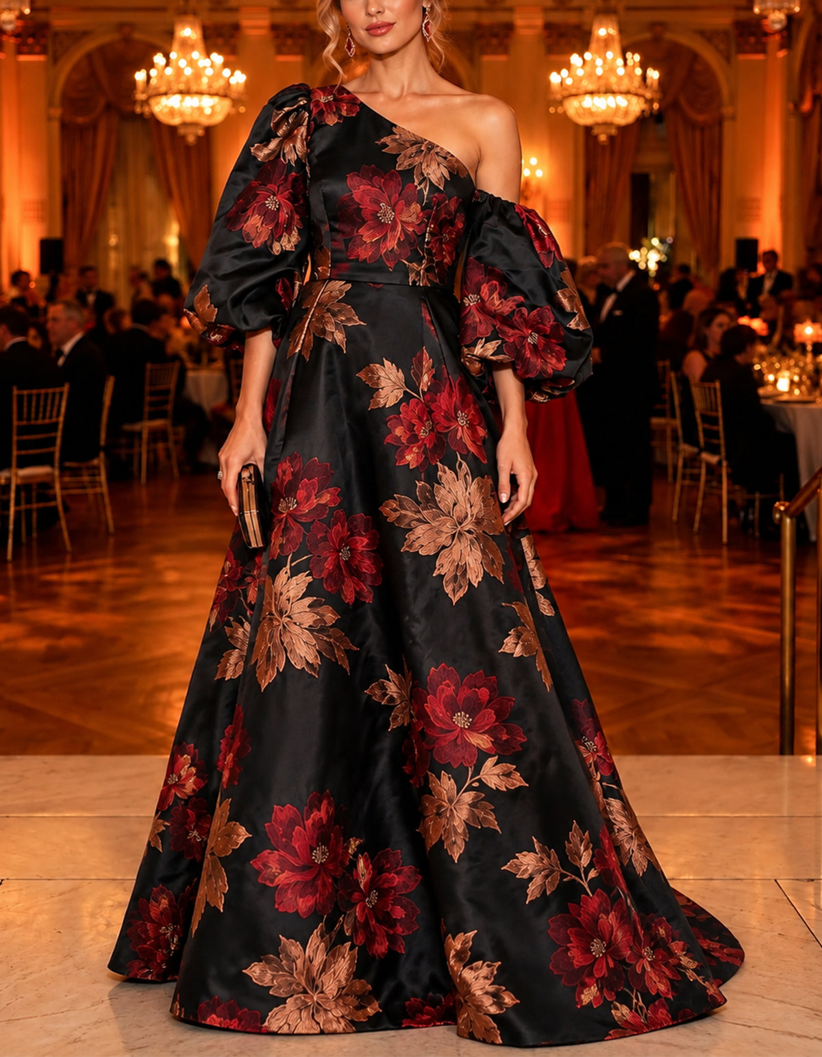 Black Floral Print Off Shoulder Puff Sleeve Maxi Dress