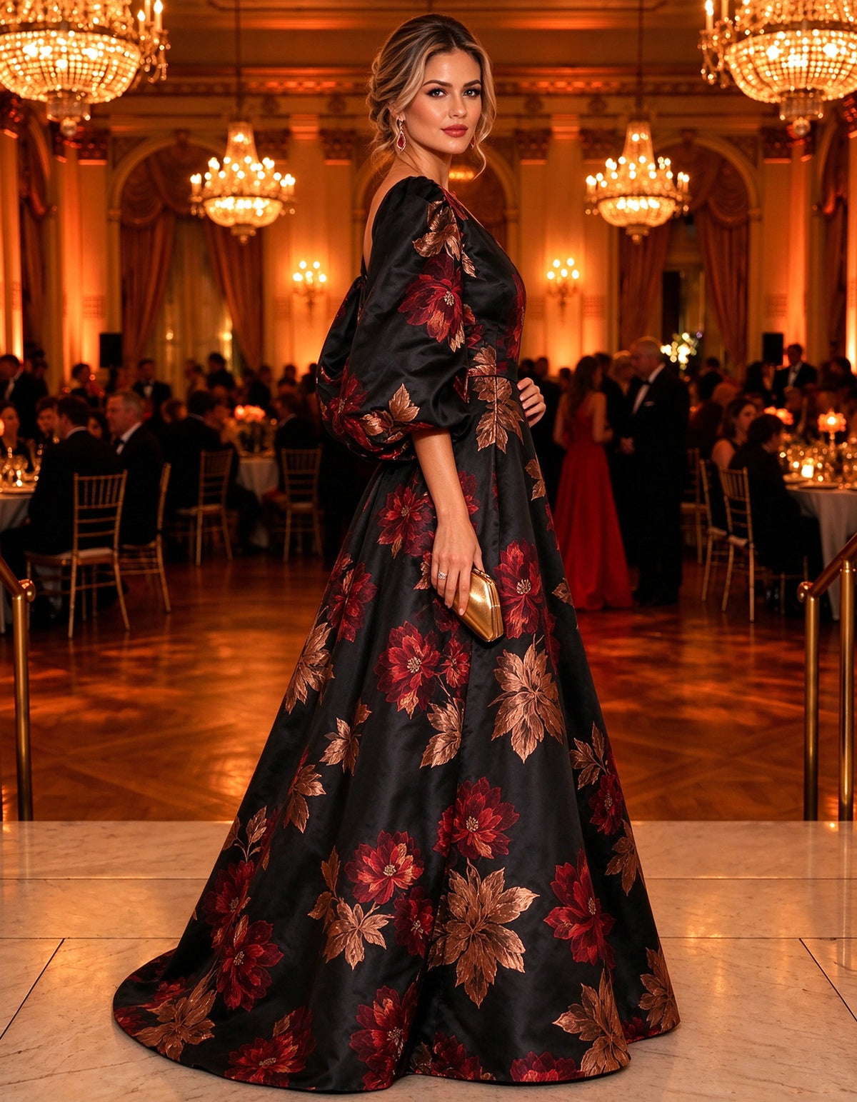 Black Floral Print Off Shoulder Puff Sleeve Maxi Dress