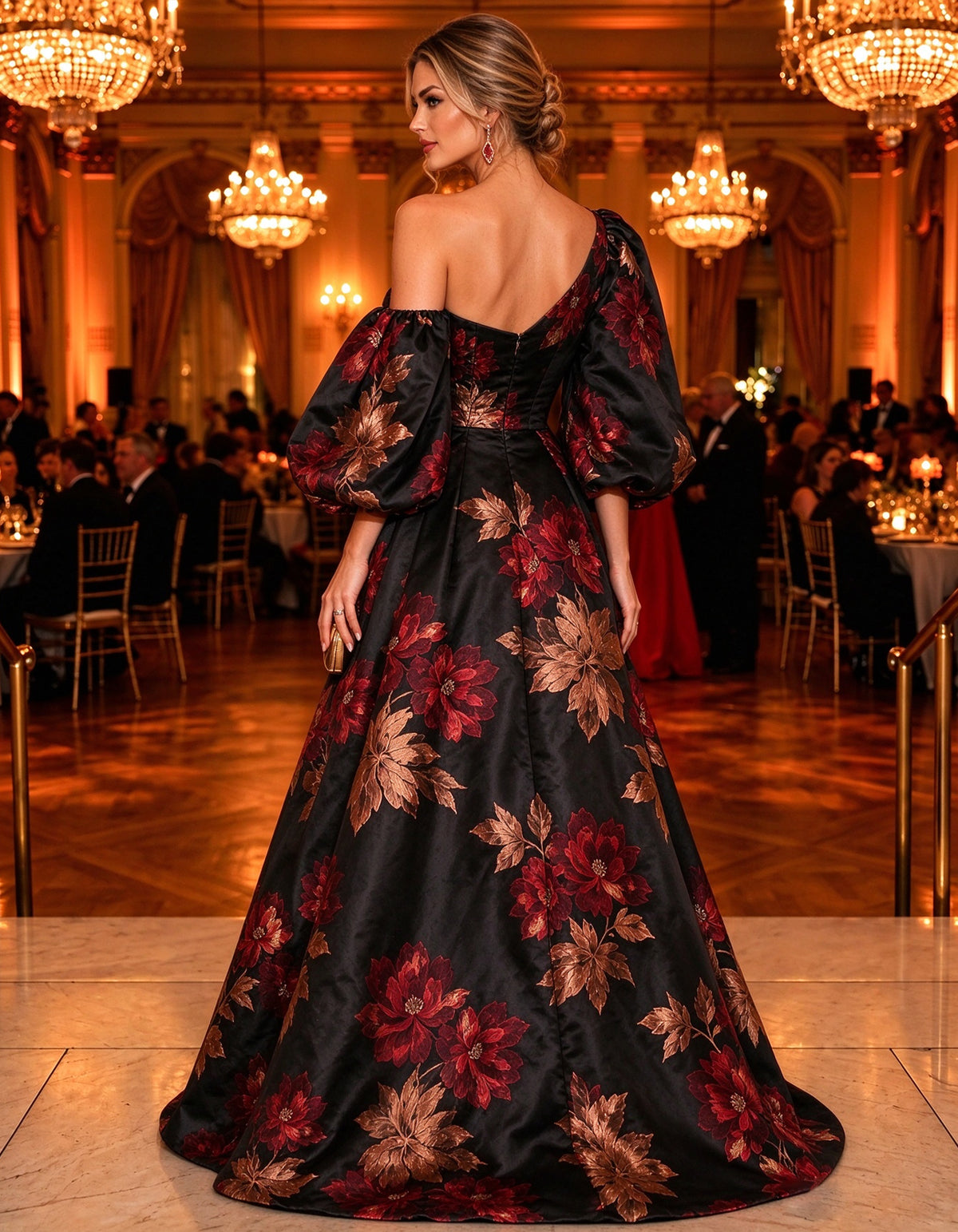 Black Floral Print Off Shoulder Puff Sleeve Maxi Dress