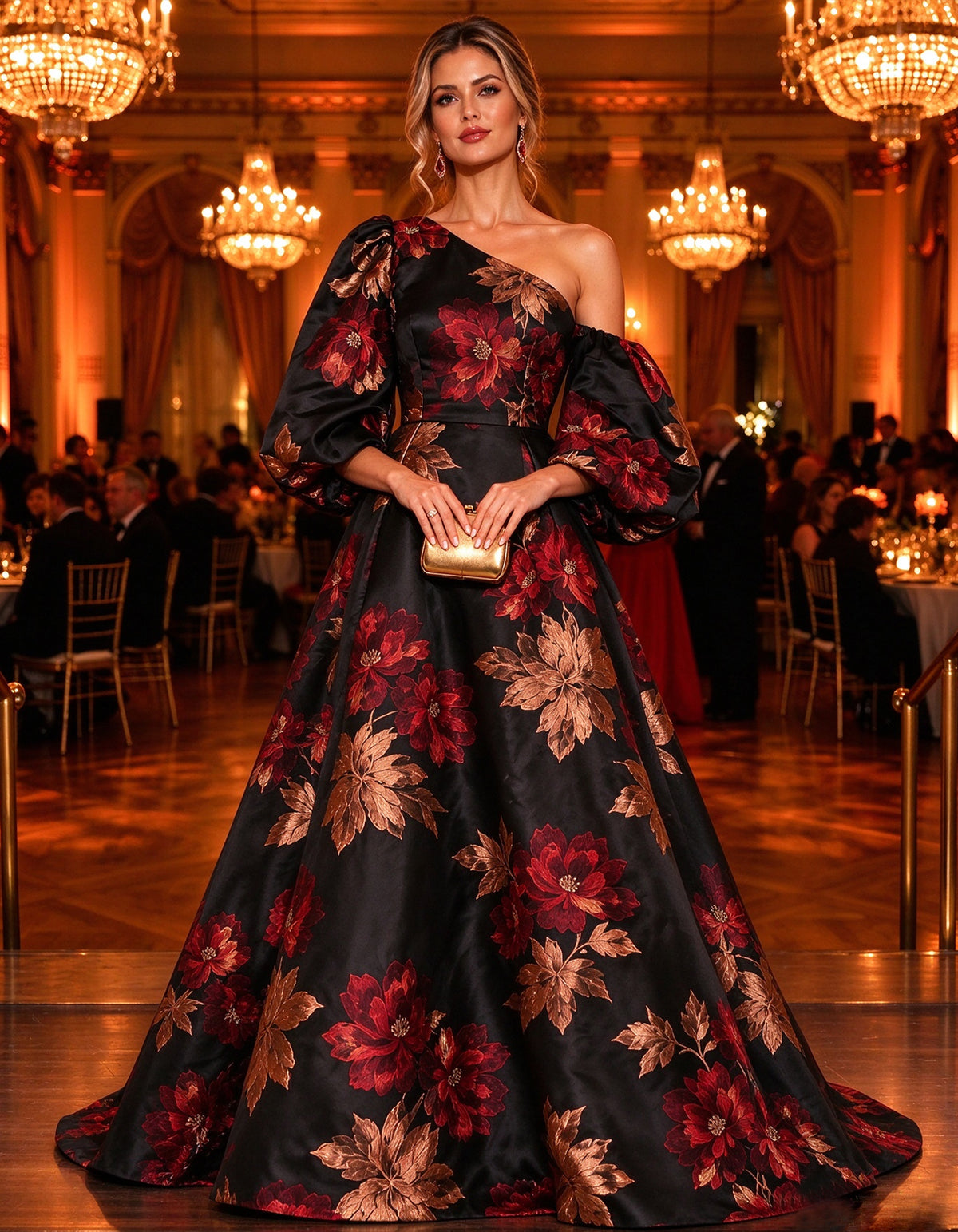 Black Floral Print Off Shoulder Puff Sleeve Maxi Dress