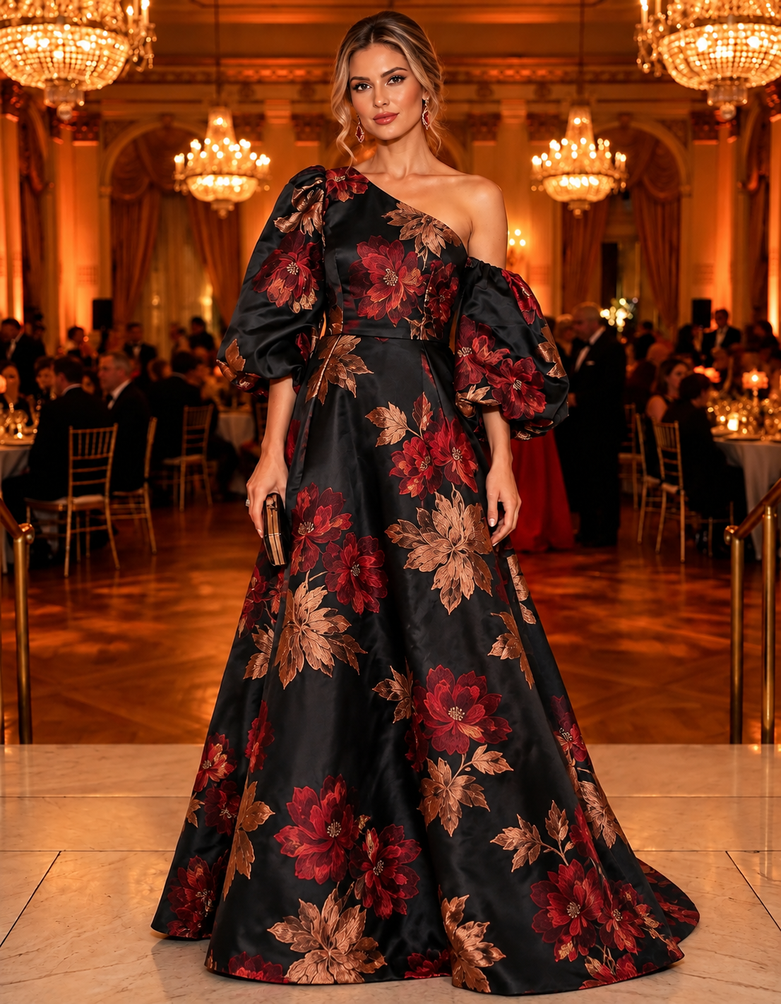 Black Floral Print Off Shoulder Puff Sleeve Maxi Dress