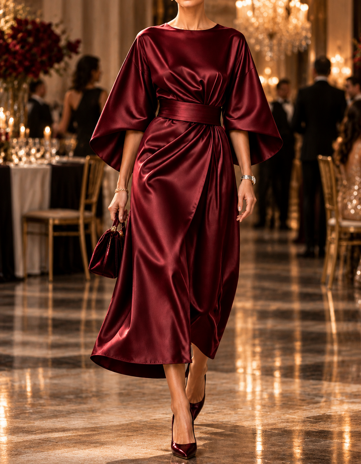 Luxe Satin Bell Sleeve Wrap Midi Dress