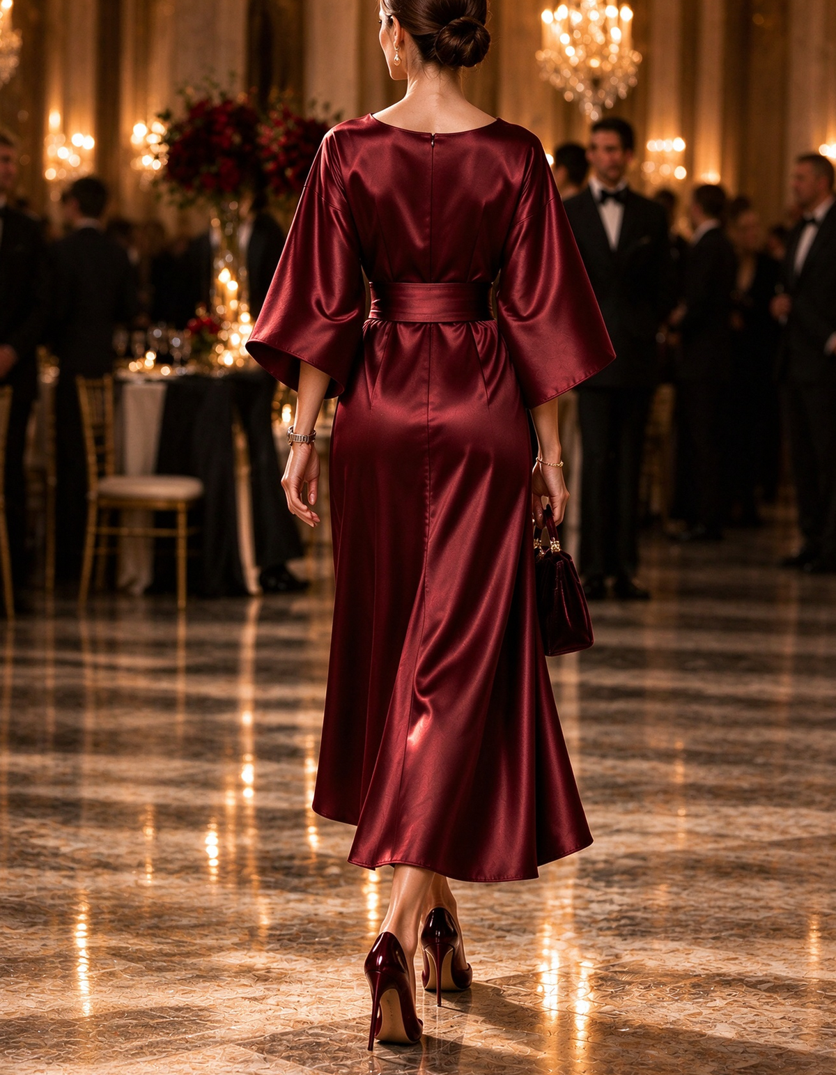Luxe Satin Bell Sleeve Wrap Midi Dress
