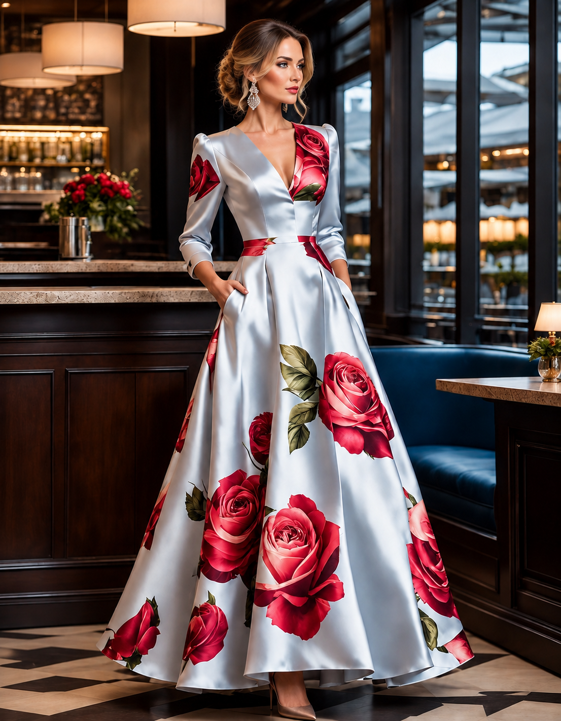 Light Blue Satin V-Neck With Rose Print Maxi Dress