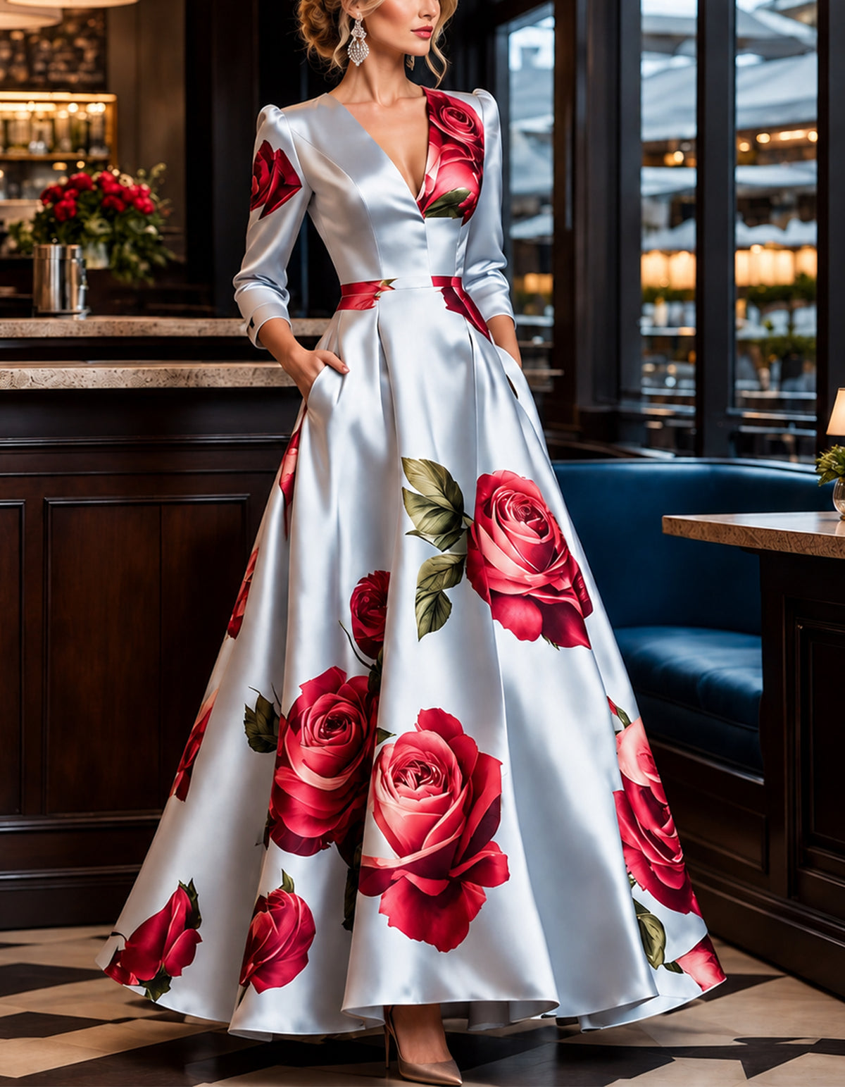 Light Blue Satin V-Neck With Rose Print Maxi Dress