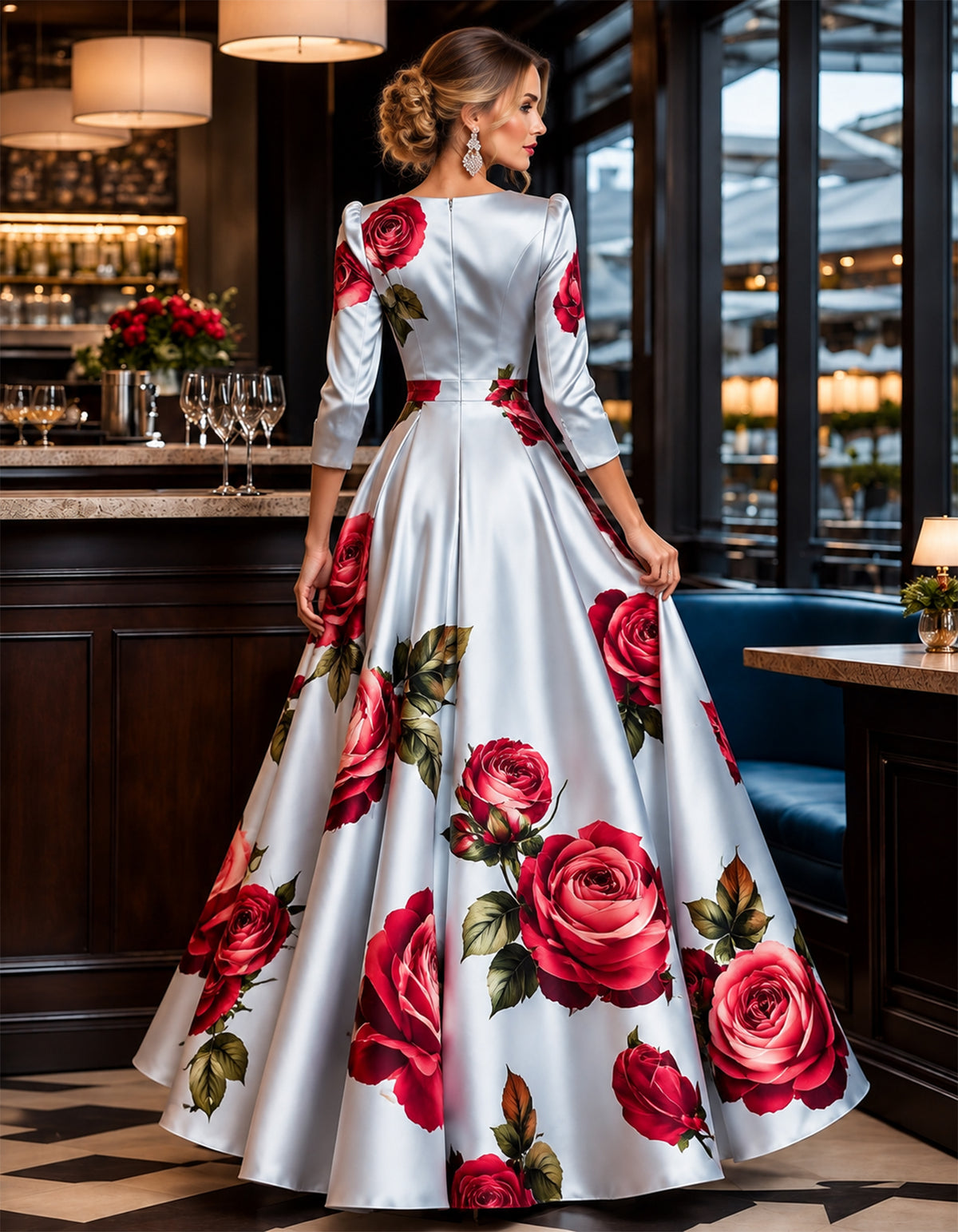 Light Blue Satin V-Neck With Rose Print Maxi Dress