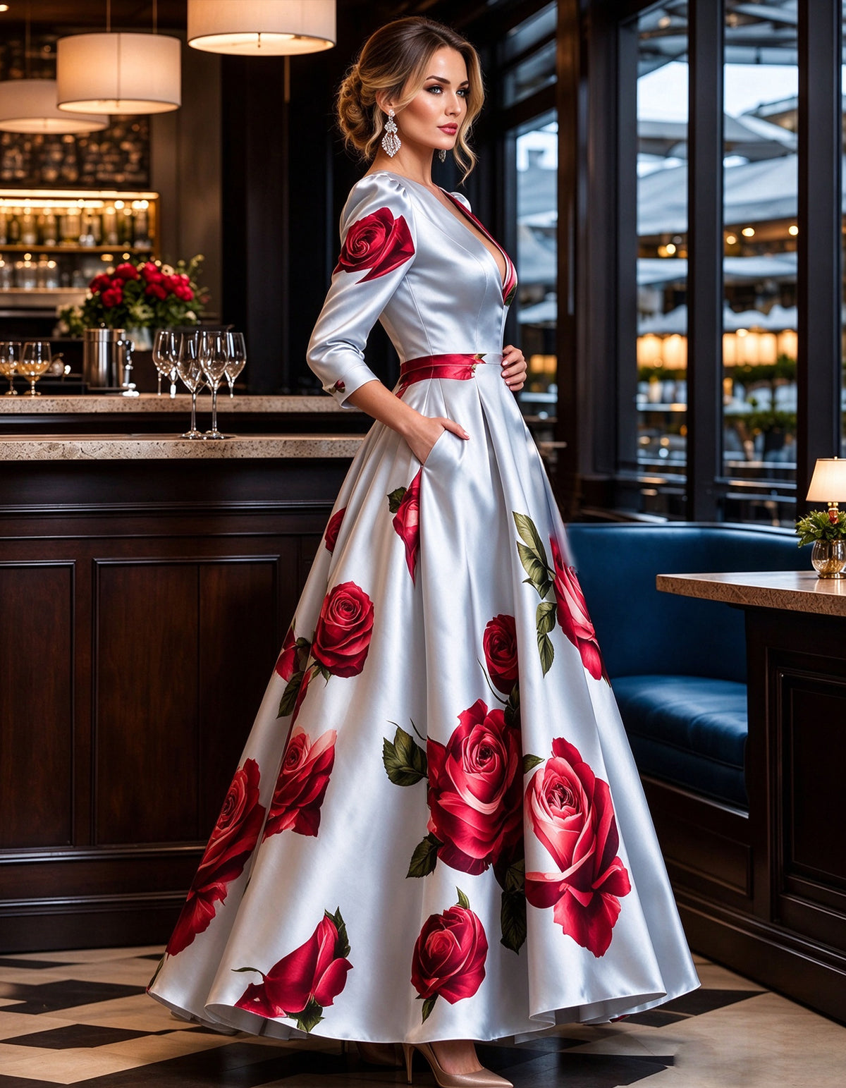 Light Blue Satin V-Neck With Rose Print Maxi Dress