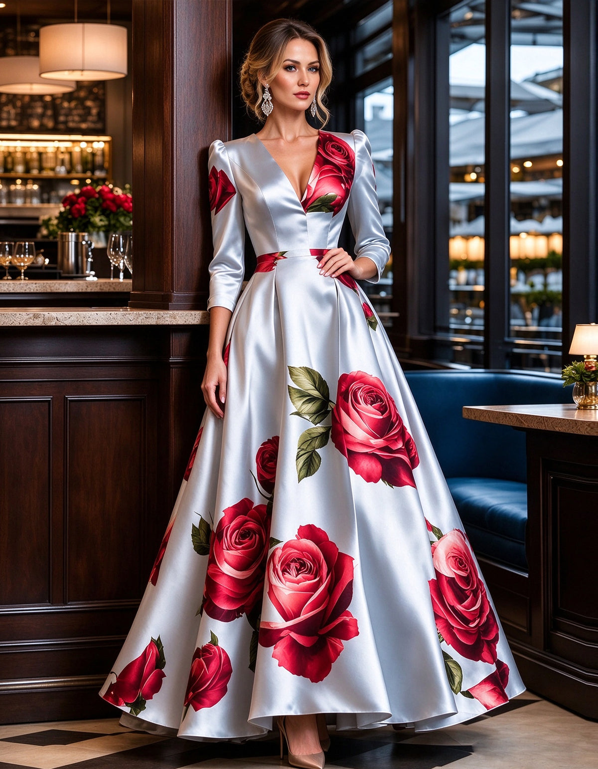 Light Blue Satin V-Neck With Rose Print Maxi Dress