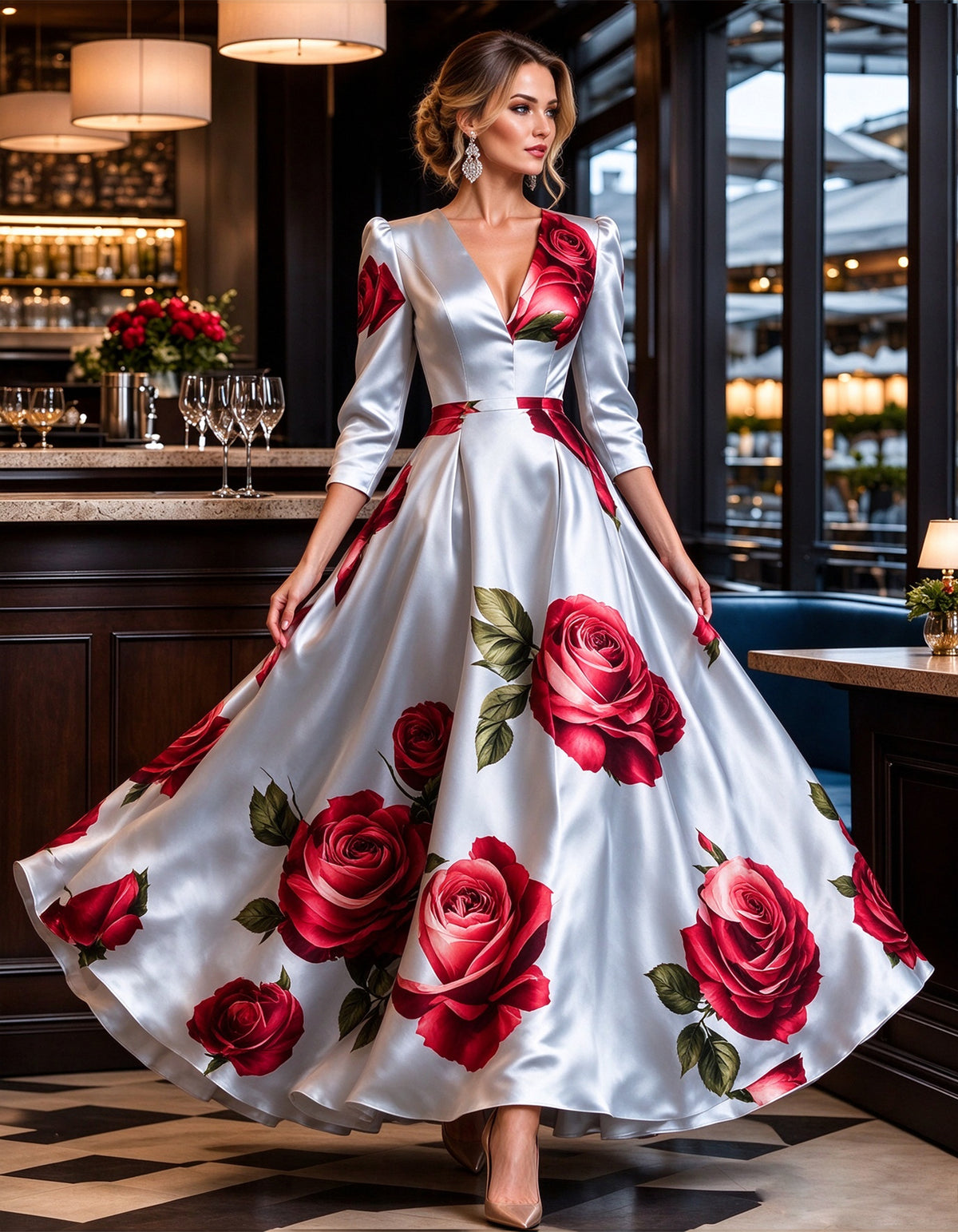 Light Blue Satin V-Neck With Rose Print Maxi Dress