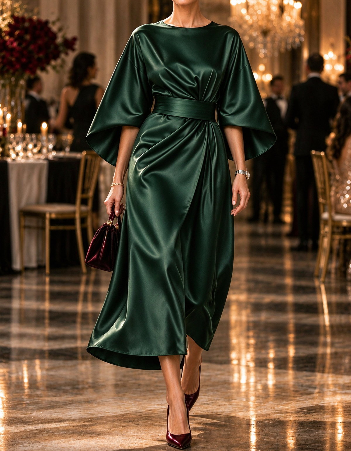 Luxe Satin Bell Sleeve Wrap Midi Dress