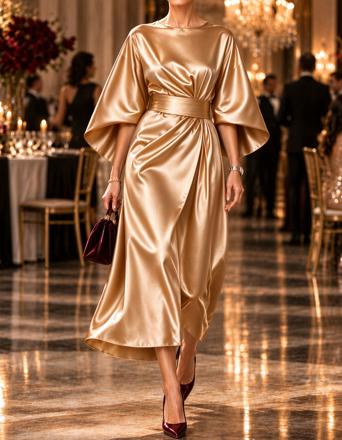 Luxe Satin Bell Sleeve Wrap Midi Dress