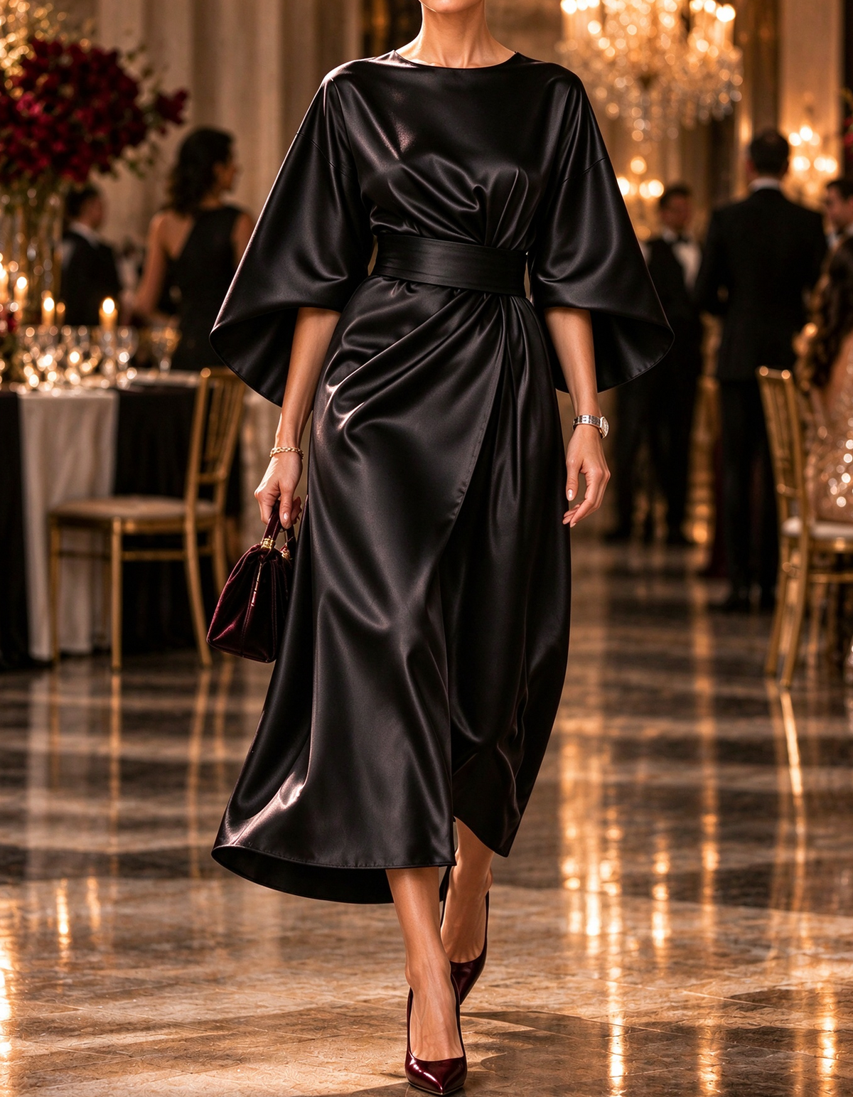Luxe Satin Bell Sleeve Wrap Midi Dress