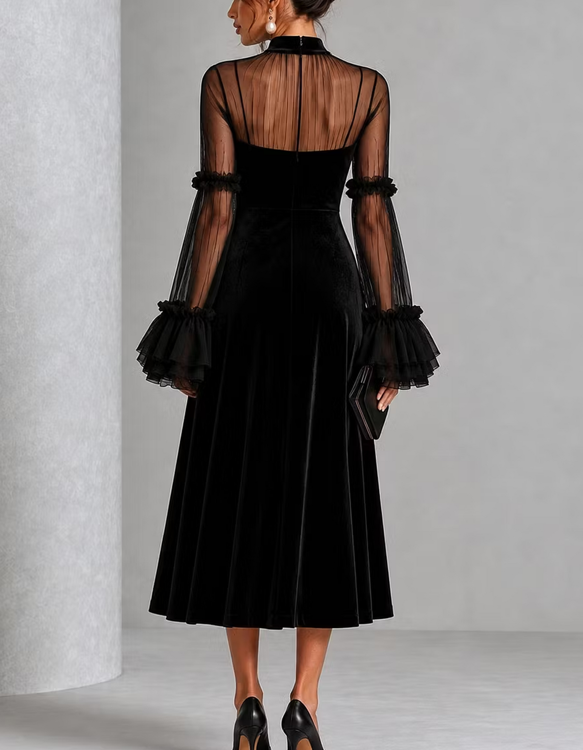 Velvet Sheer Ruffle Bell Sleeve Midi Dress