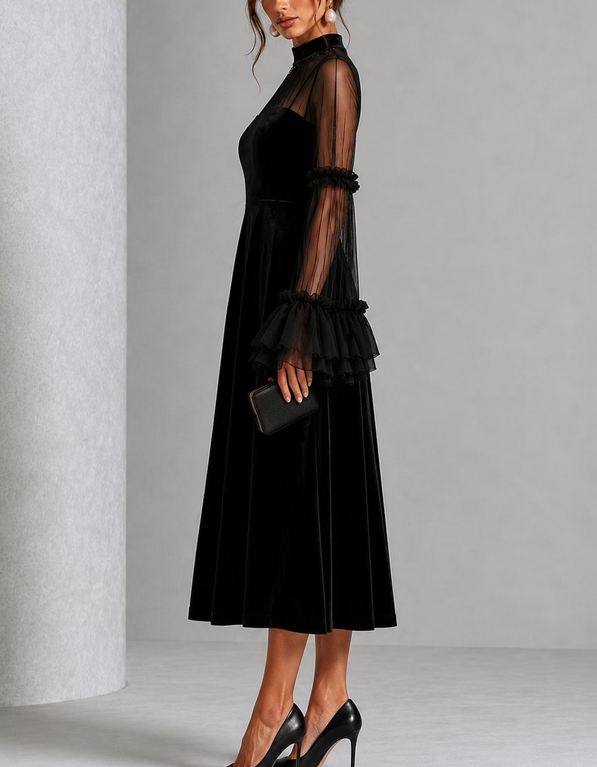 Velvet Sheer Ruffle Bell Sleeve Midi Dress