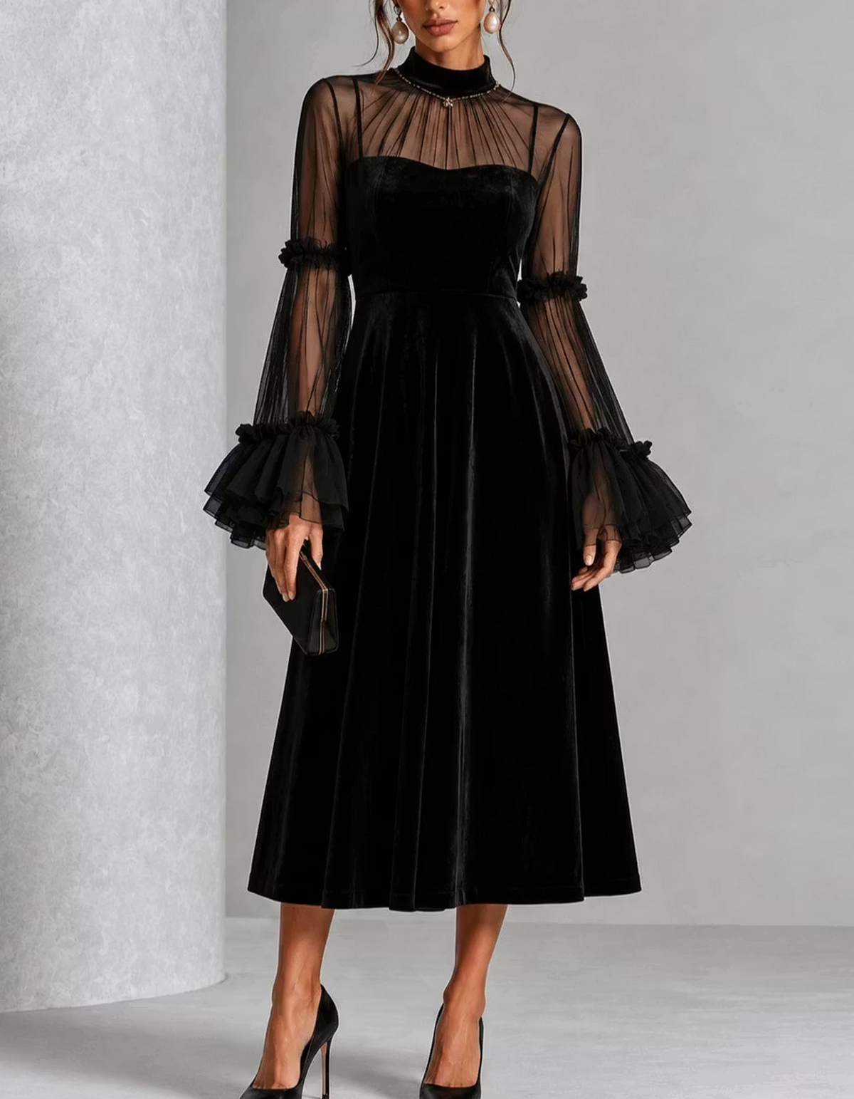 Velvet Sheer Ruffle Bell Sleeve Midi Dress