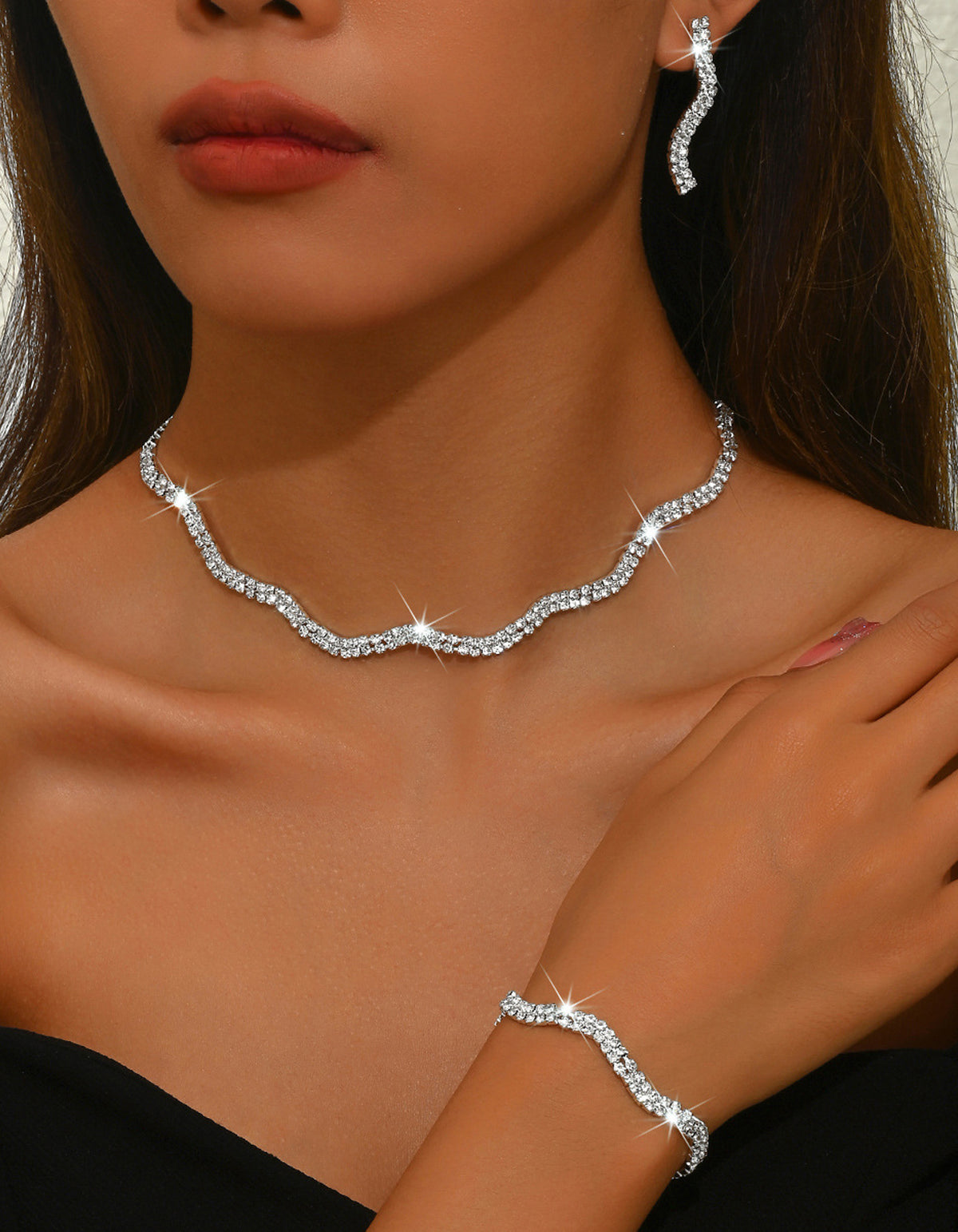 Rhinestone Necklace & Jewelry And Earrings 3-Piece Set
