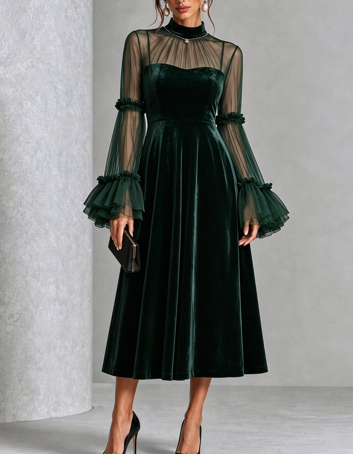 Velvet Sheer Ruffle Bell Sleeve Midi Dress