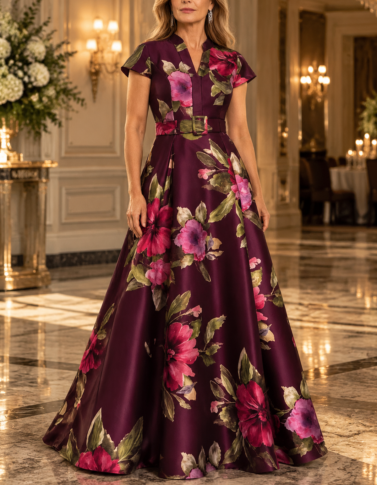 Plum Watercolor Floral Satin Maxi Dress