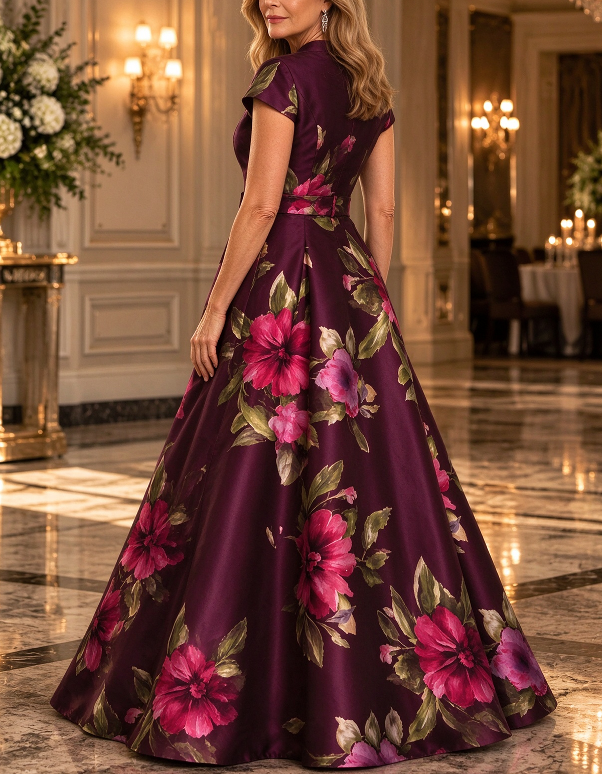 Plum Watercolor Floral Satin Maxi Dress