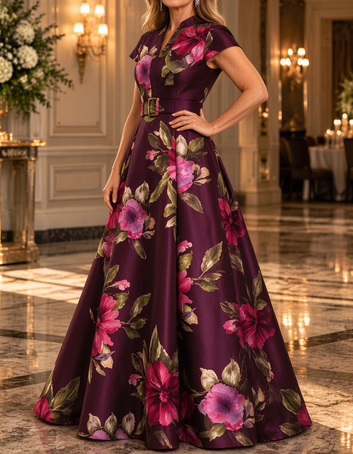 Plum Watercolor Floral Satin Maxi Dress