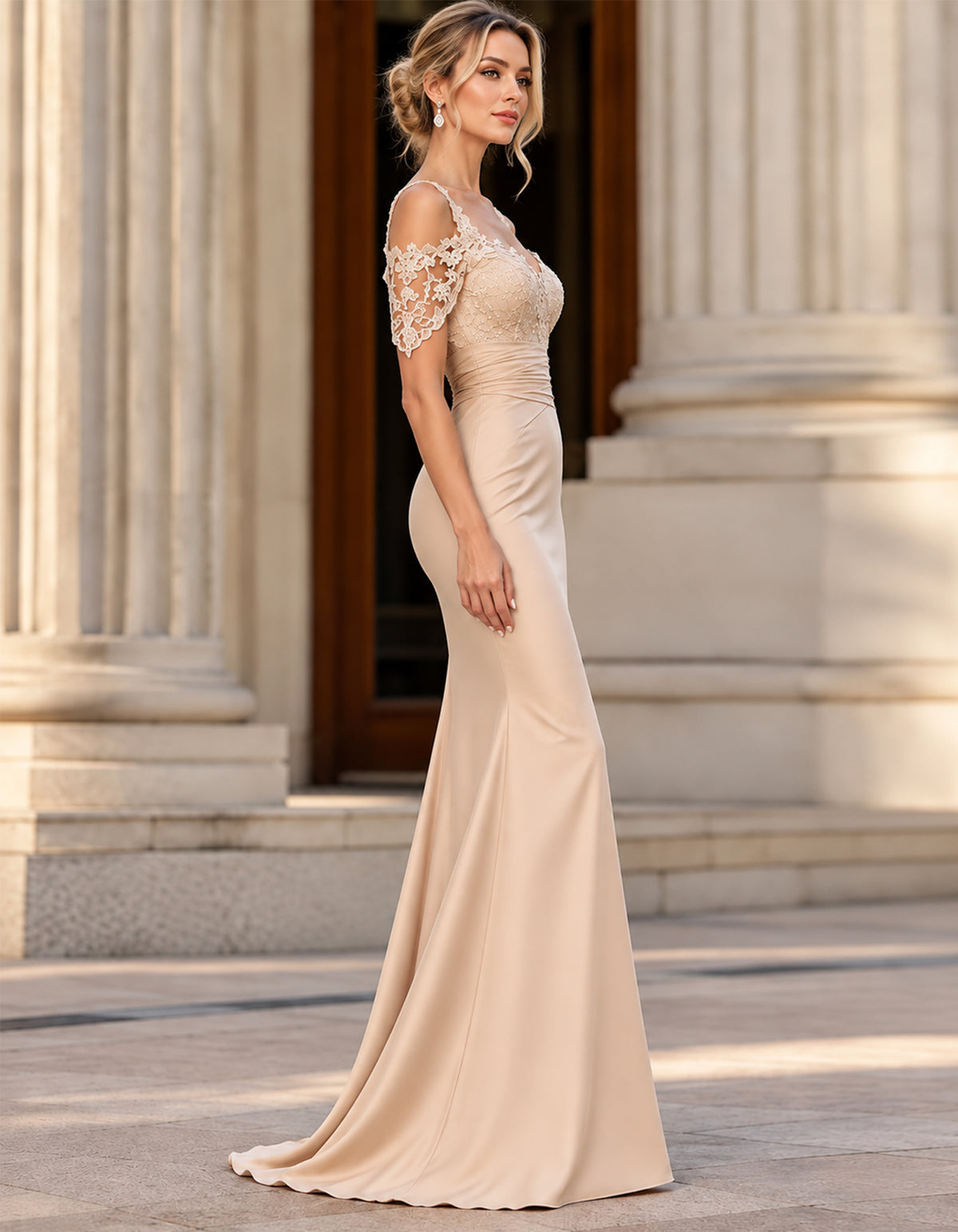 Champagne Satin And Lace Mermaid Maxi Dress