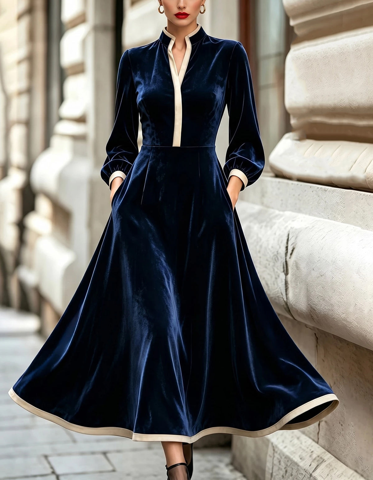 Navy Blue Velvet Stand Up Collar Midi Dress