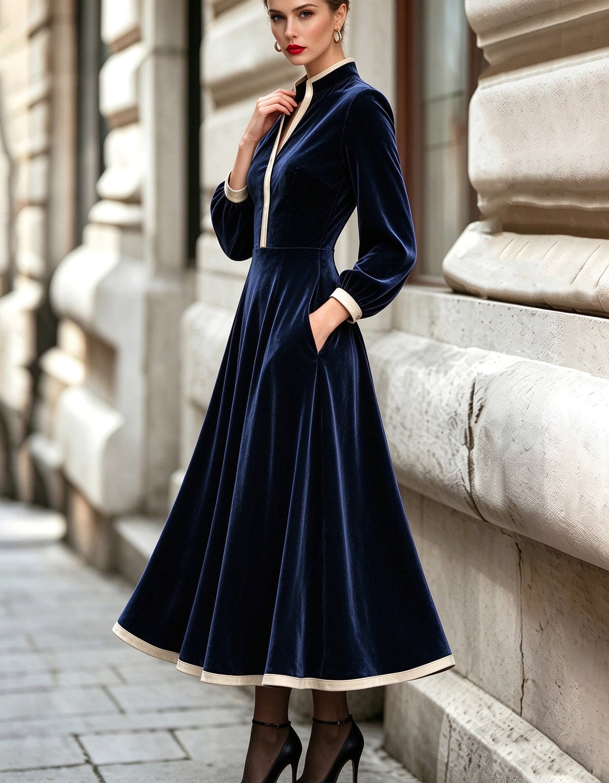 Navy Blue Velvet Stand Up Collar Midi Dress