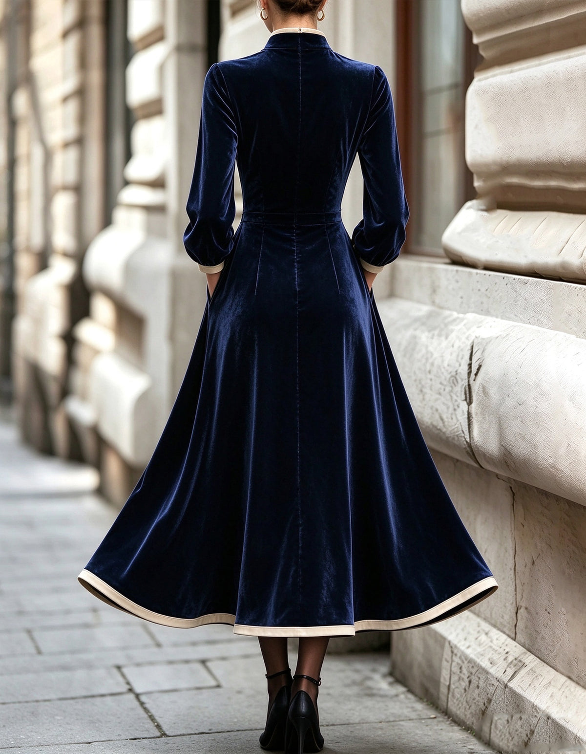Navy Blue Velvet Stand Up Collar Midi Dress