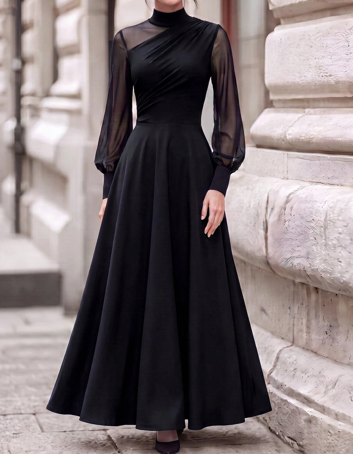 Black Mock Neck With Mesh Paneling Maxi Dress