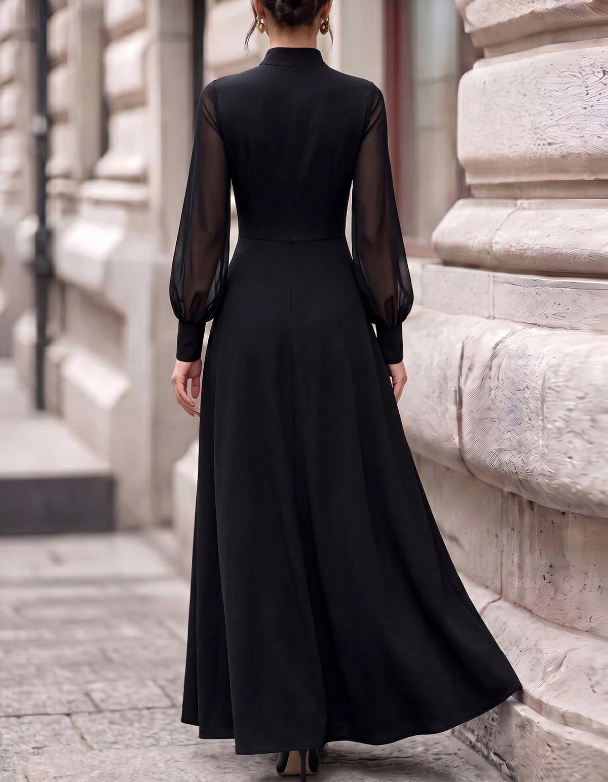 Black Mock Neck With Mesh Paneling Maxi Dress