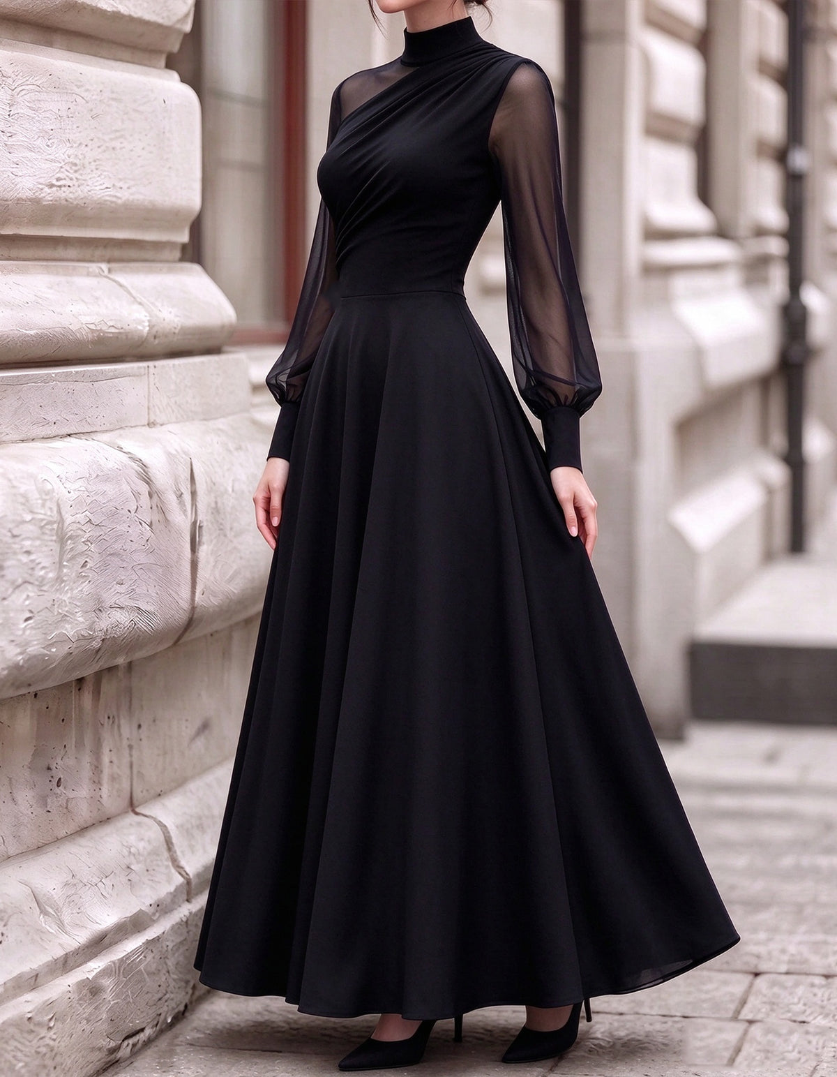 Black Mock Neck With Mesh Paneling Maxi Dress