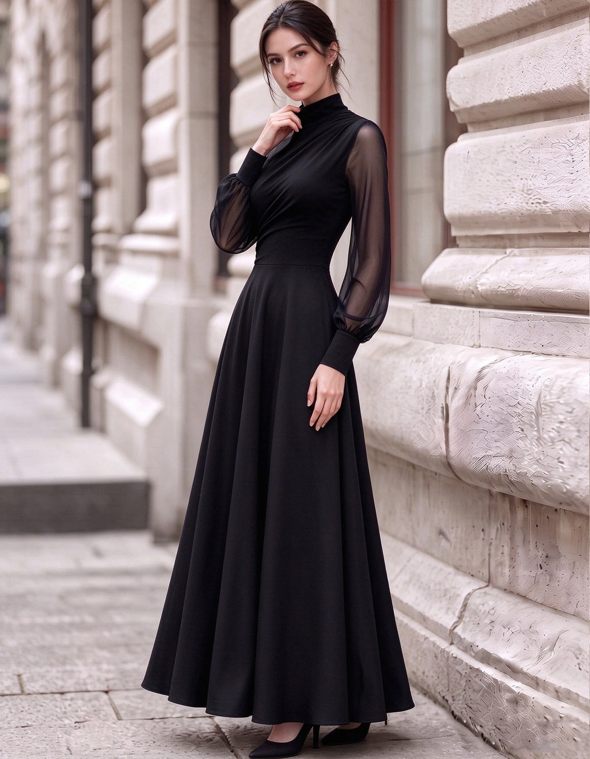 Black Mock Neck With Mesh Paneling Maxi Dress
