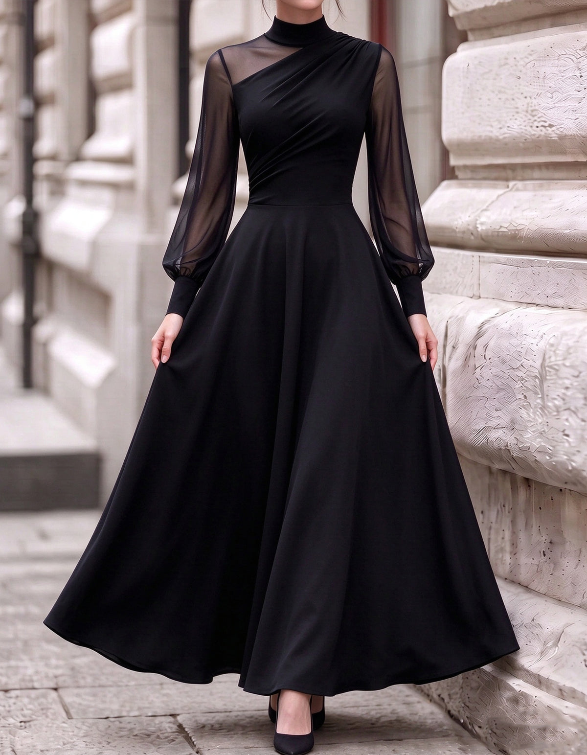 Black Mock Neck With Mesh Paneling Maxi Dress