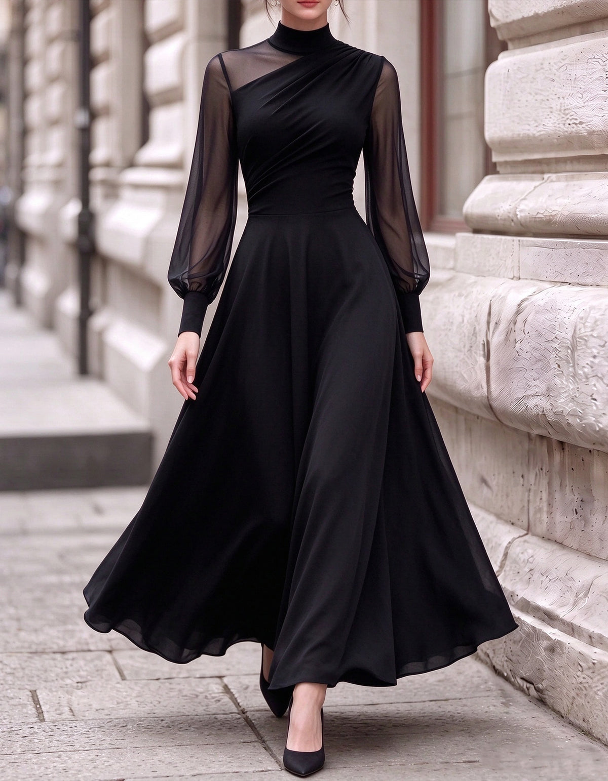Black Mock Neck With Mesh Paneling Maxi Dress