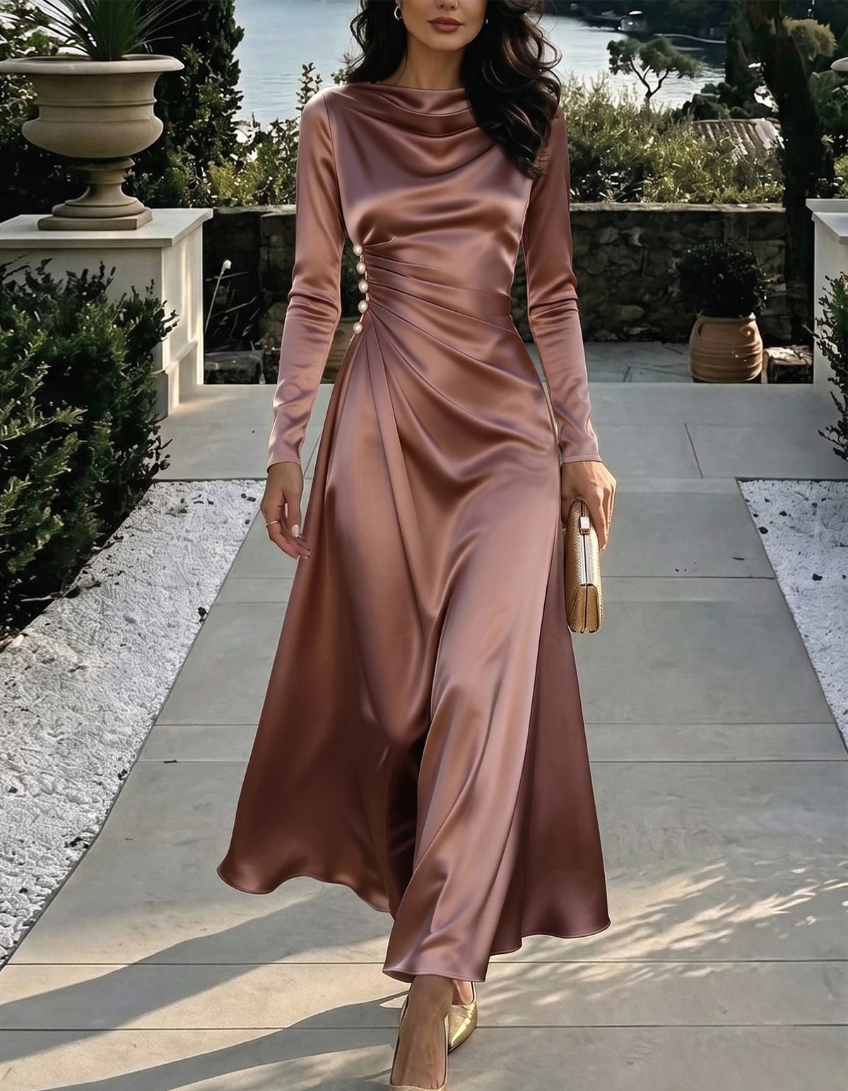 Dusty Pink Satin With A Draped Neckline Maxi Dress