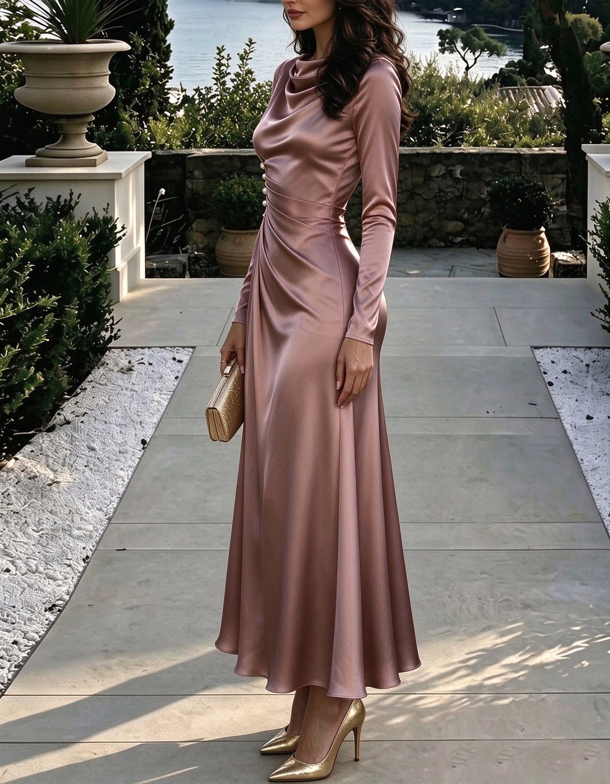 Dusty Pink Satin With A Draped Neckline Maxi Dress
