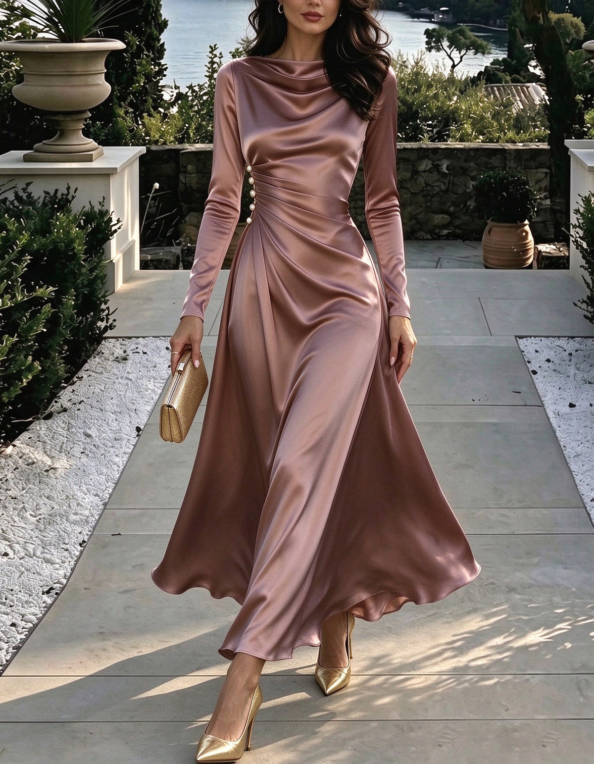 Dusty Pink Satin With A Draped Neckline Maxi Dress